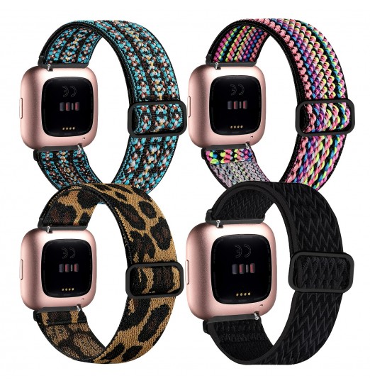Paquete de 4 bandas elásticas compatibles con Fitbit Versa/fitbit Versa Lite/fitbit Versa 2 bandas mujeres hombres, correas de repuesto transpirables de nailon suave elástico ajustable para pulsera Versa Smartwatch